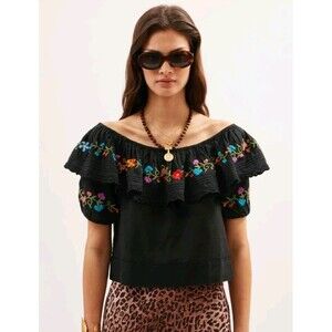 RIXO Lisette Top Floral-Embroidered Cotton Off The Shoulder Shirt Boho Preppy XS